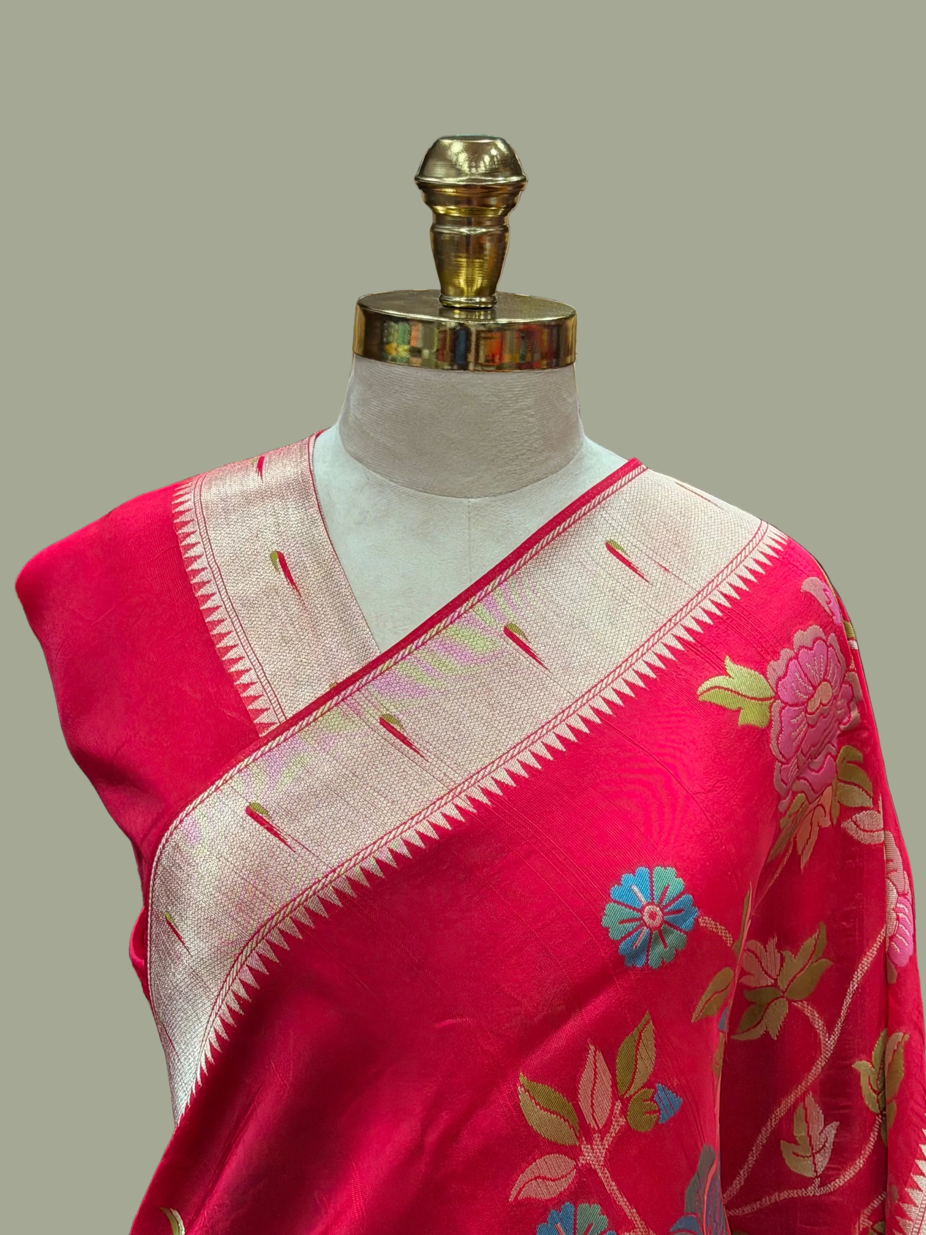Rani pink Meena work Tussar saree paithani border saree