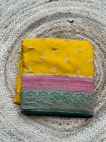 Mustard and pink and green pure crepe Banaras sarees