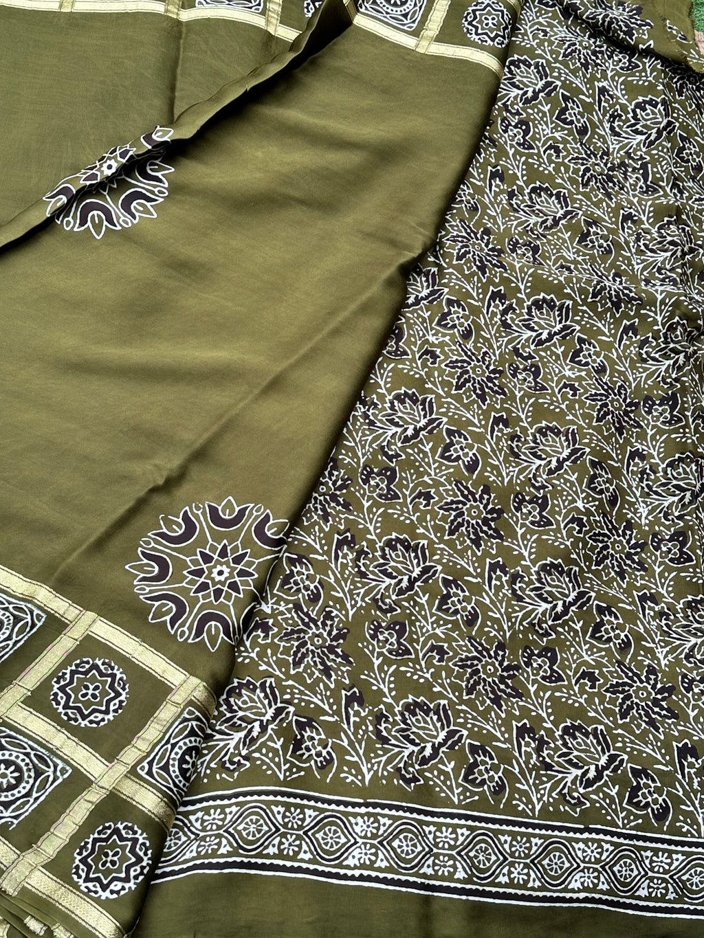 Leaf green pure Ajrak modal silk sarees with Ajrak blouse