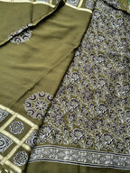 Leaf green pure Ajrak modal silk sarees with Ajrak blouse