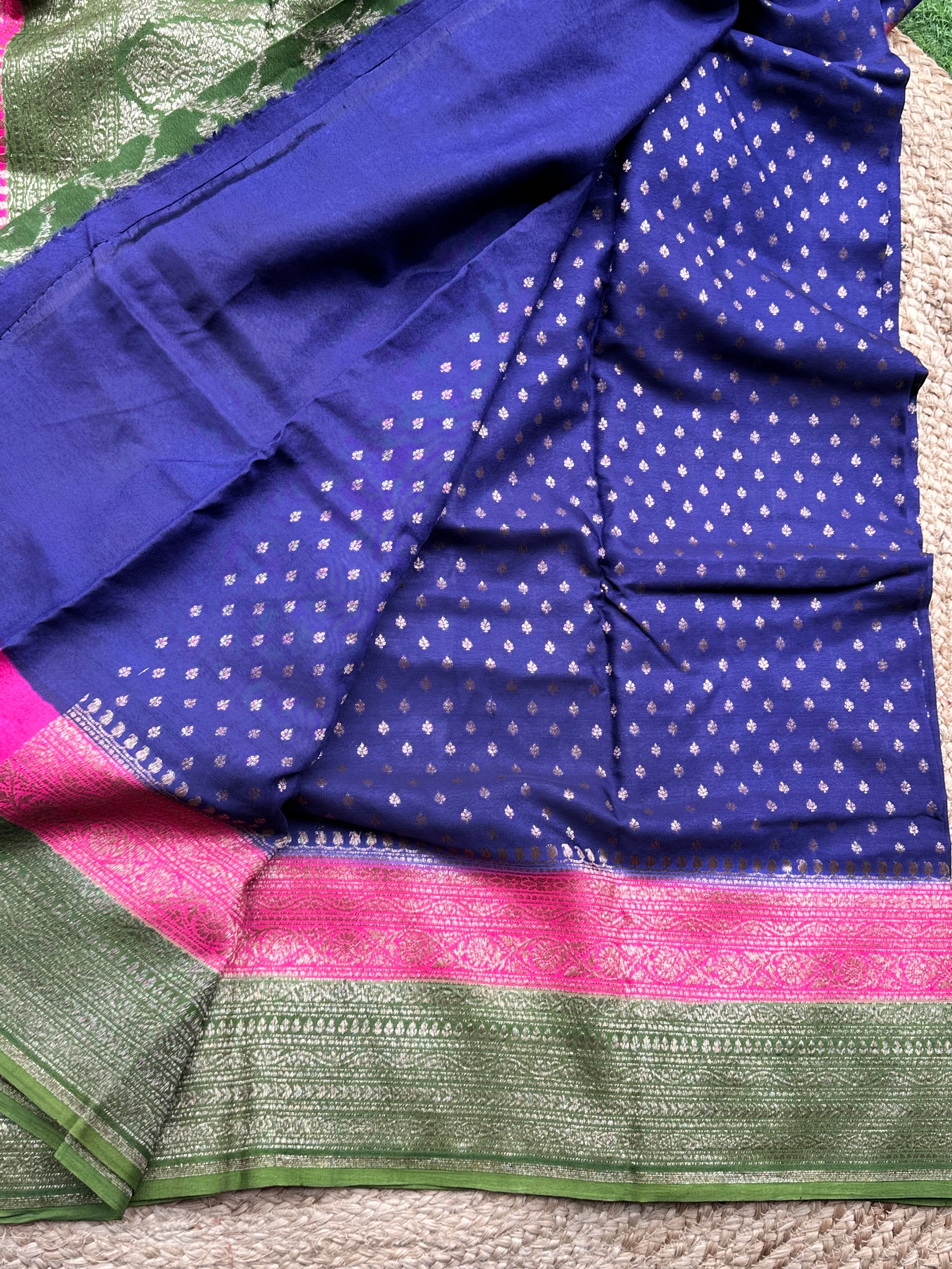 Purple pink and leaf green pure crepe chiffon 3D Banaras