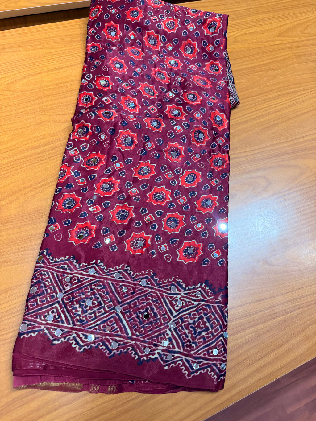 Maroon Pure ajrak mirror work saree with tissue pallu