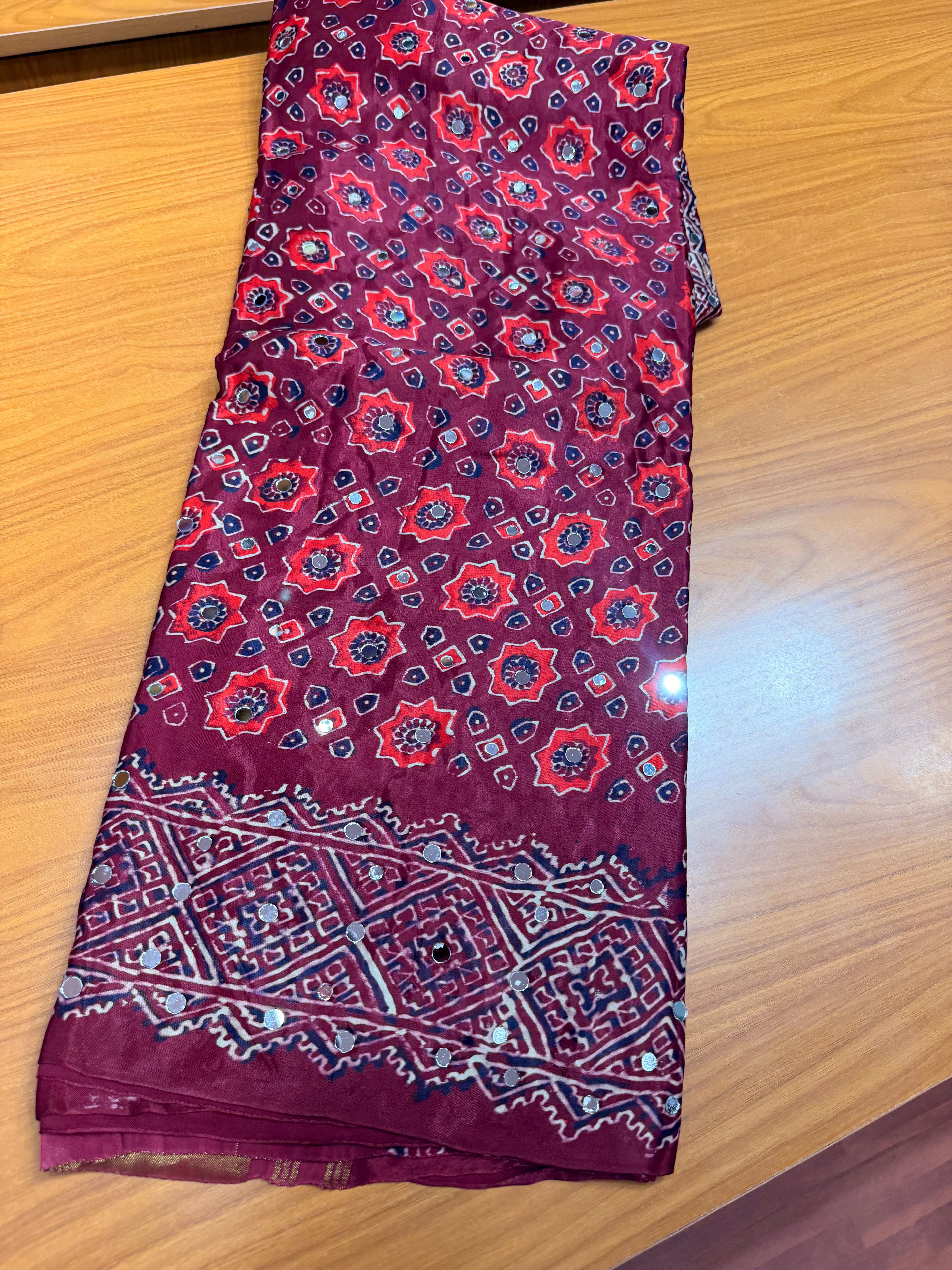 Maroon Pure ajrak mirror work saree with tissue pallu