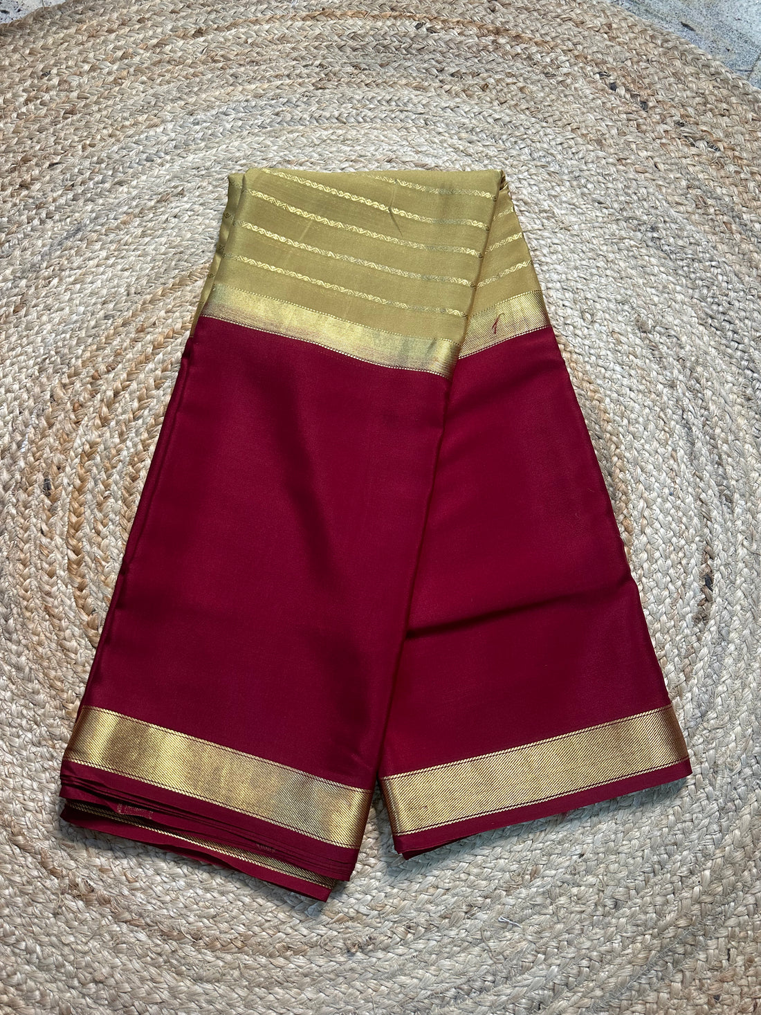 Beige and maroon central line pure Mysore Silk crepe 100 gsm