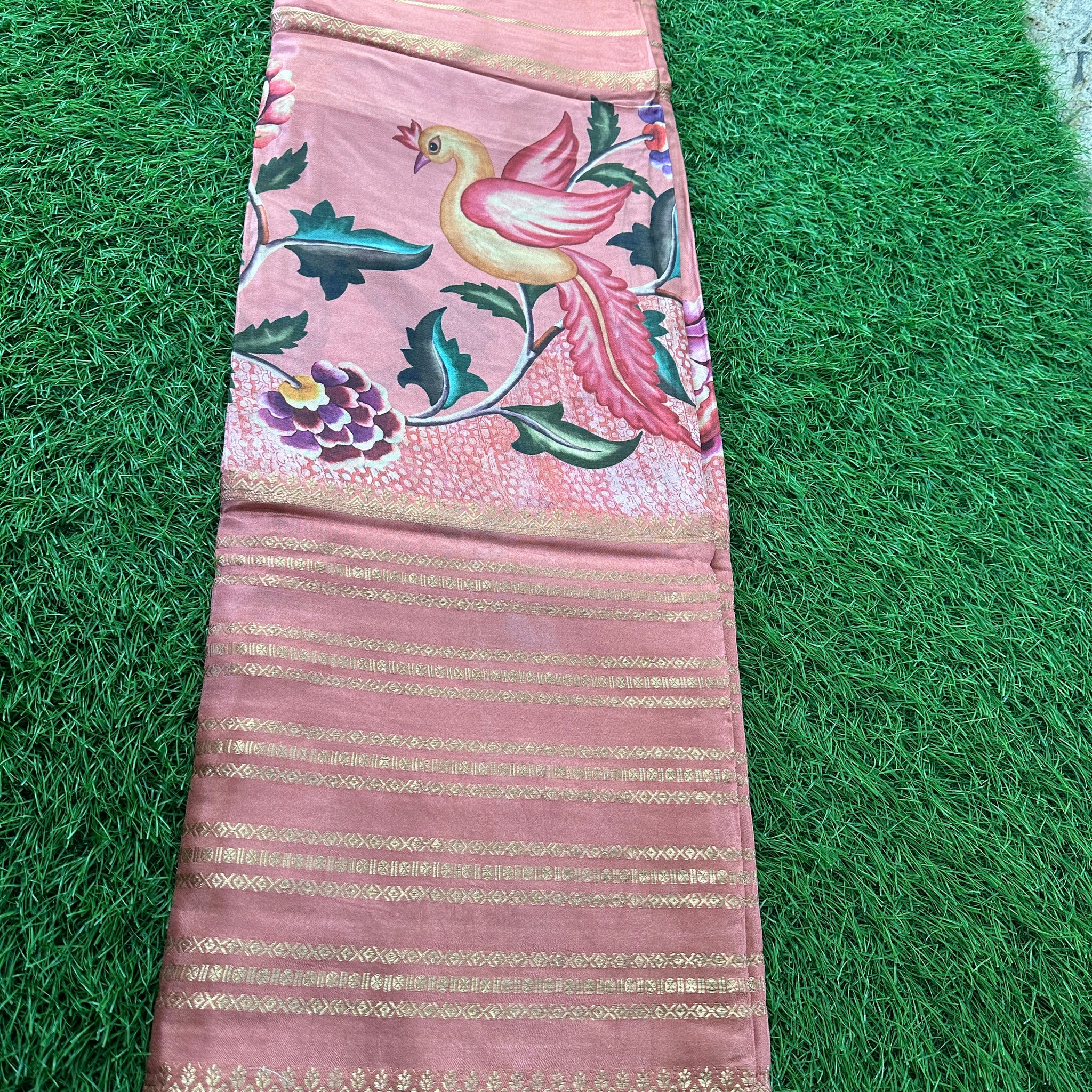 Peach kalamkari horizontal stripes semi crepe.