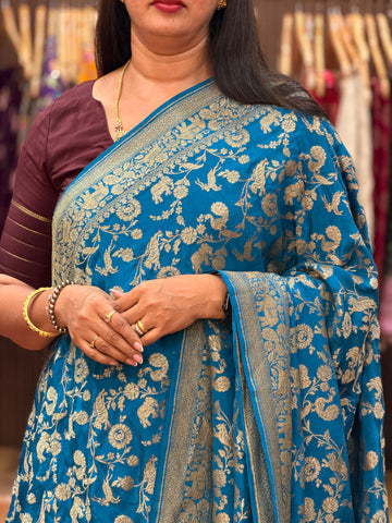 Peacock blue animal motive pure crepe Banaras