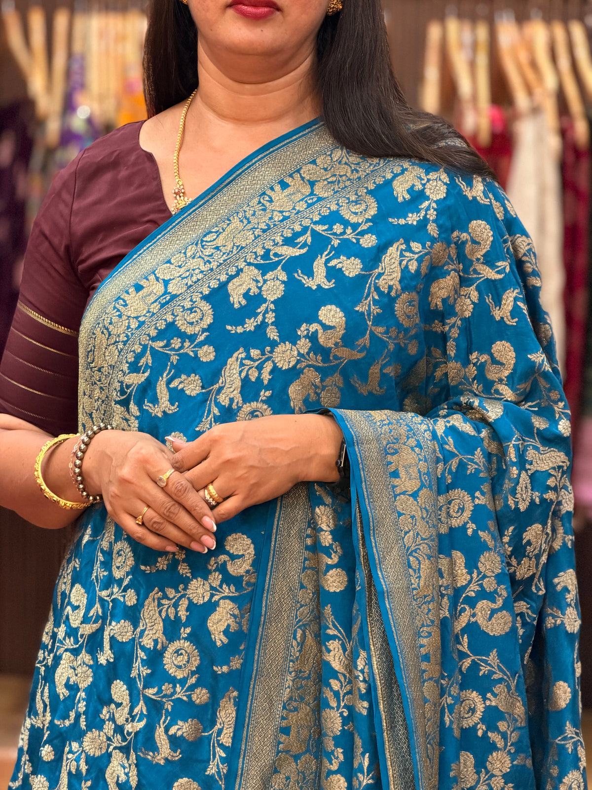 Peacock blue animal motive pure crepe Banaras