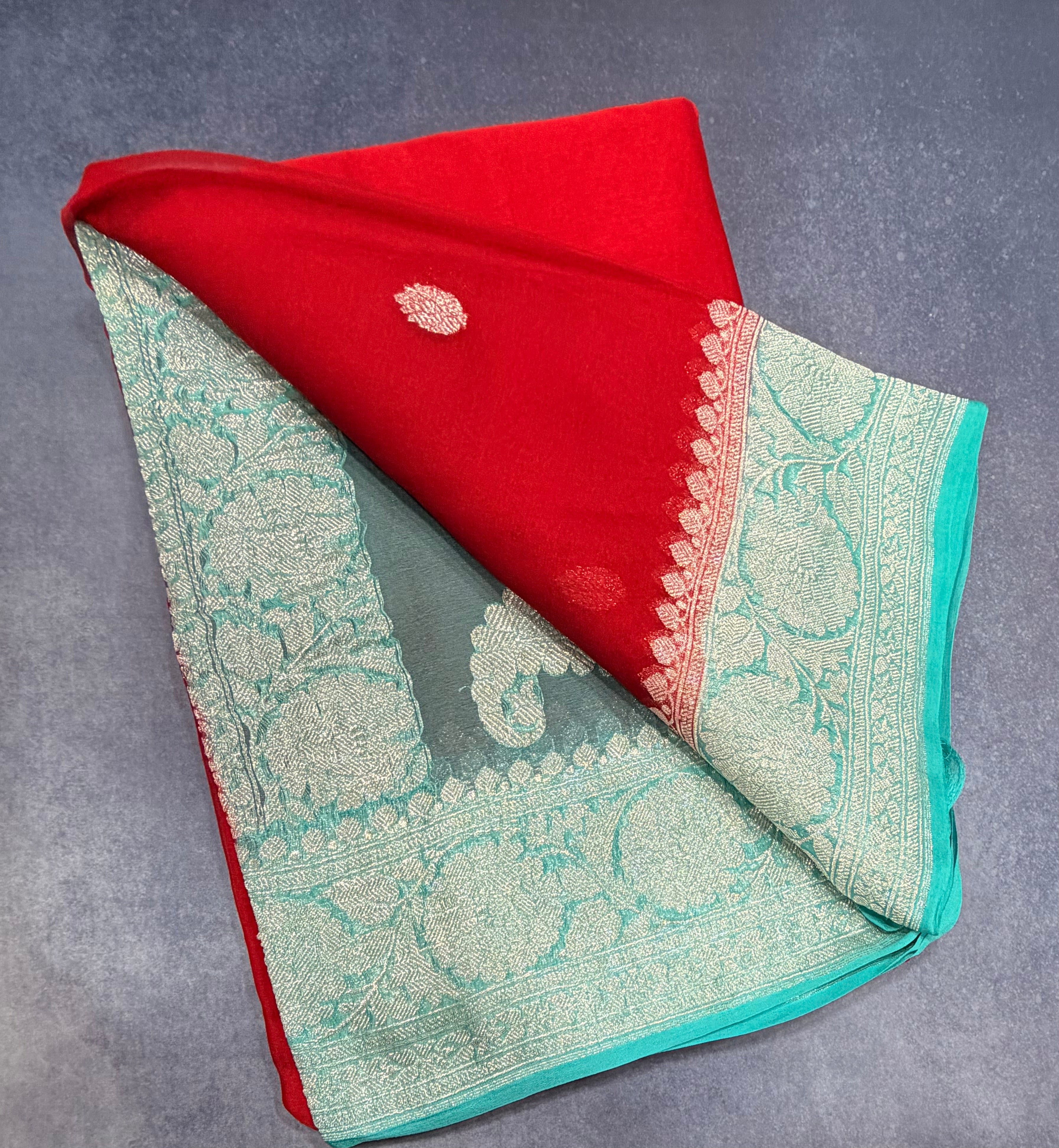 Red Banarasi pure khadi chiffon saree sliver zari saree