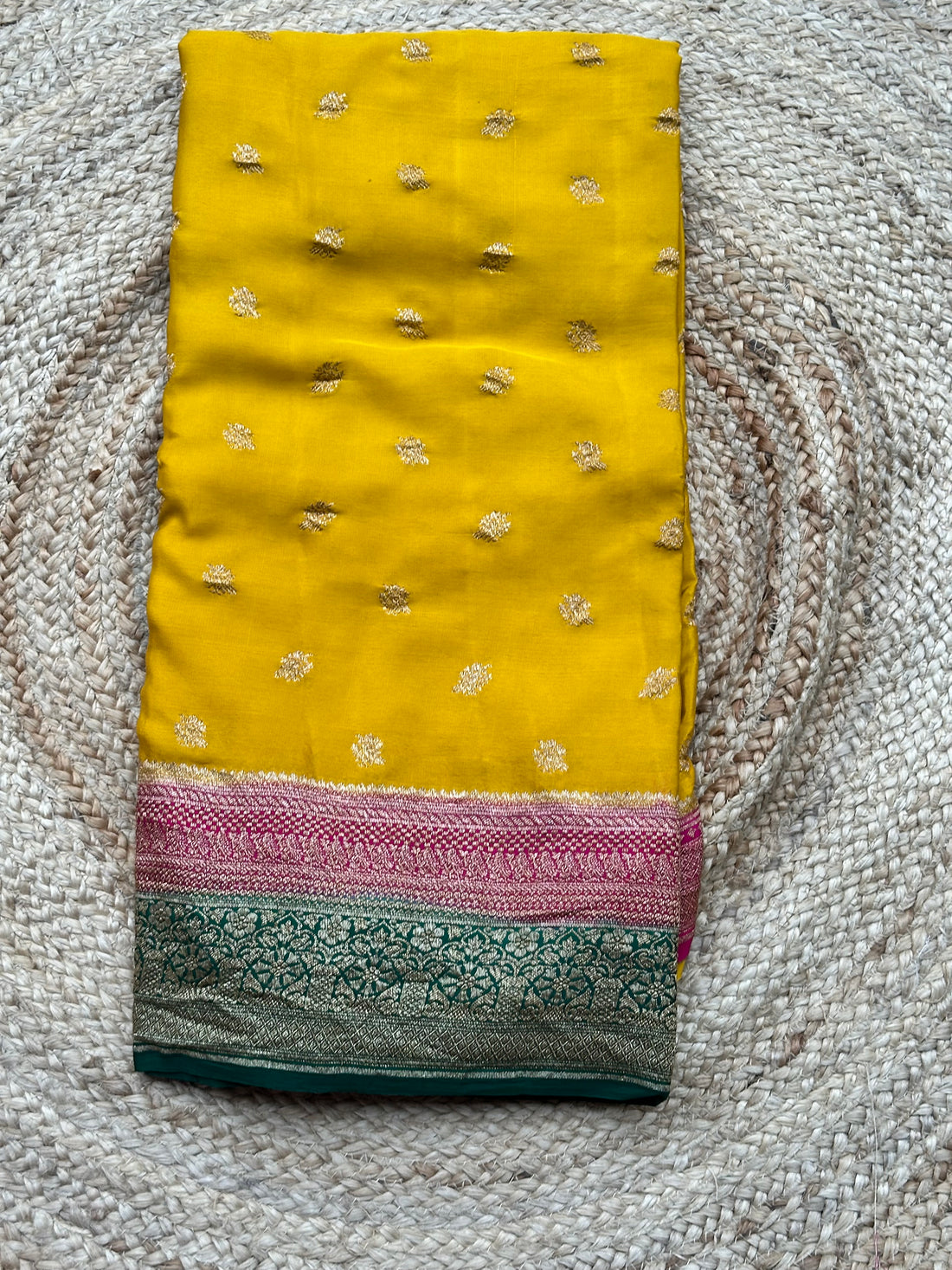 Mustard and pink and green pure crepe Banaras sarees