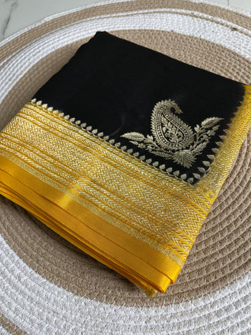 Black and yellow Banaras crepe chiffons sarees antique zari