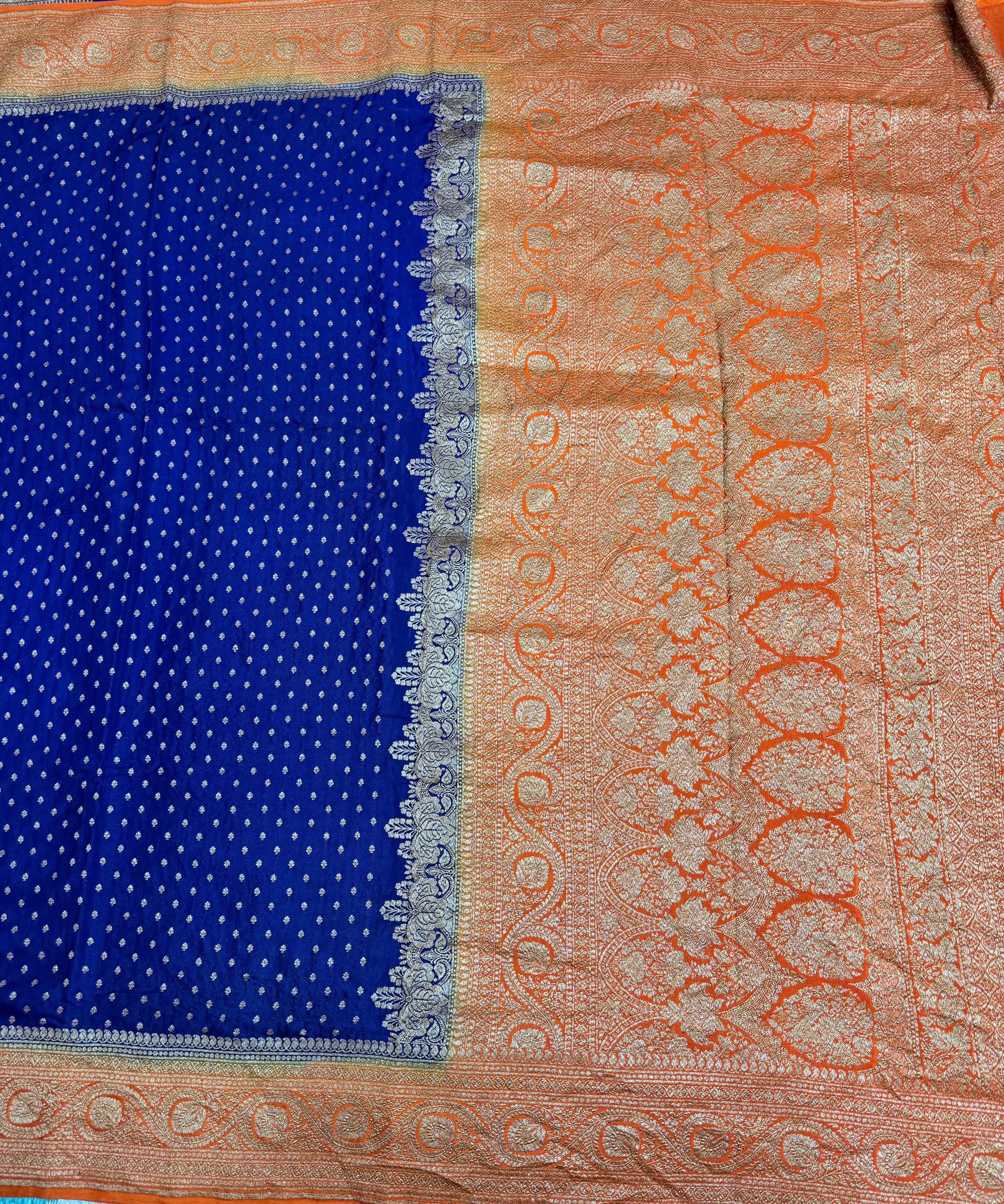 Blue n orange pure benarasi crepe silk saree