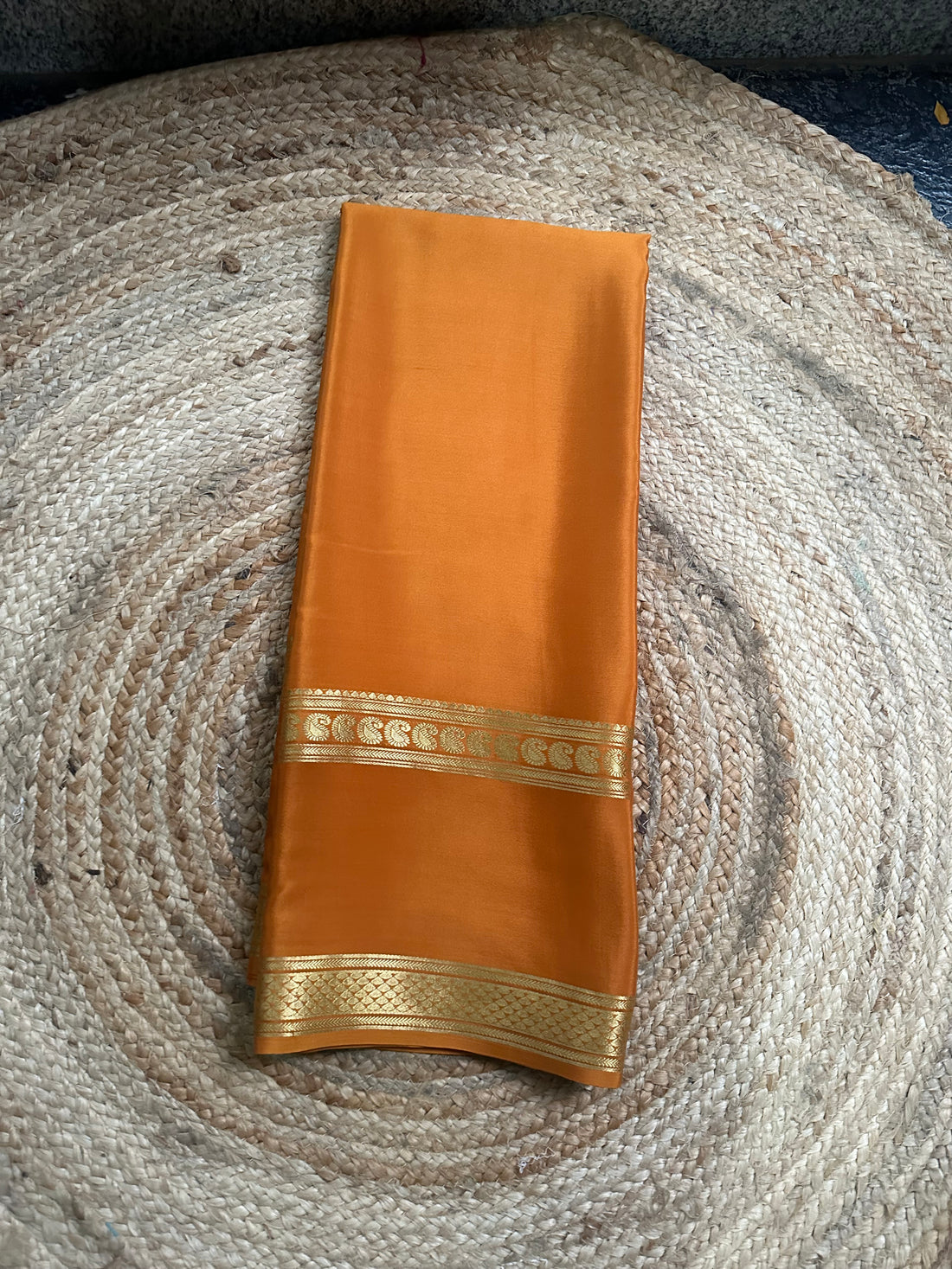 Golden mustard self bentex border pure crepe Mysore Silk sarees.
