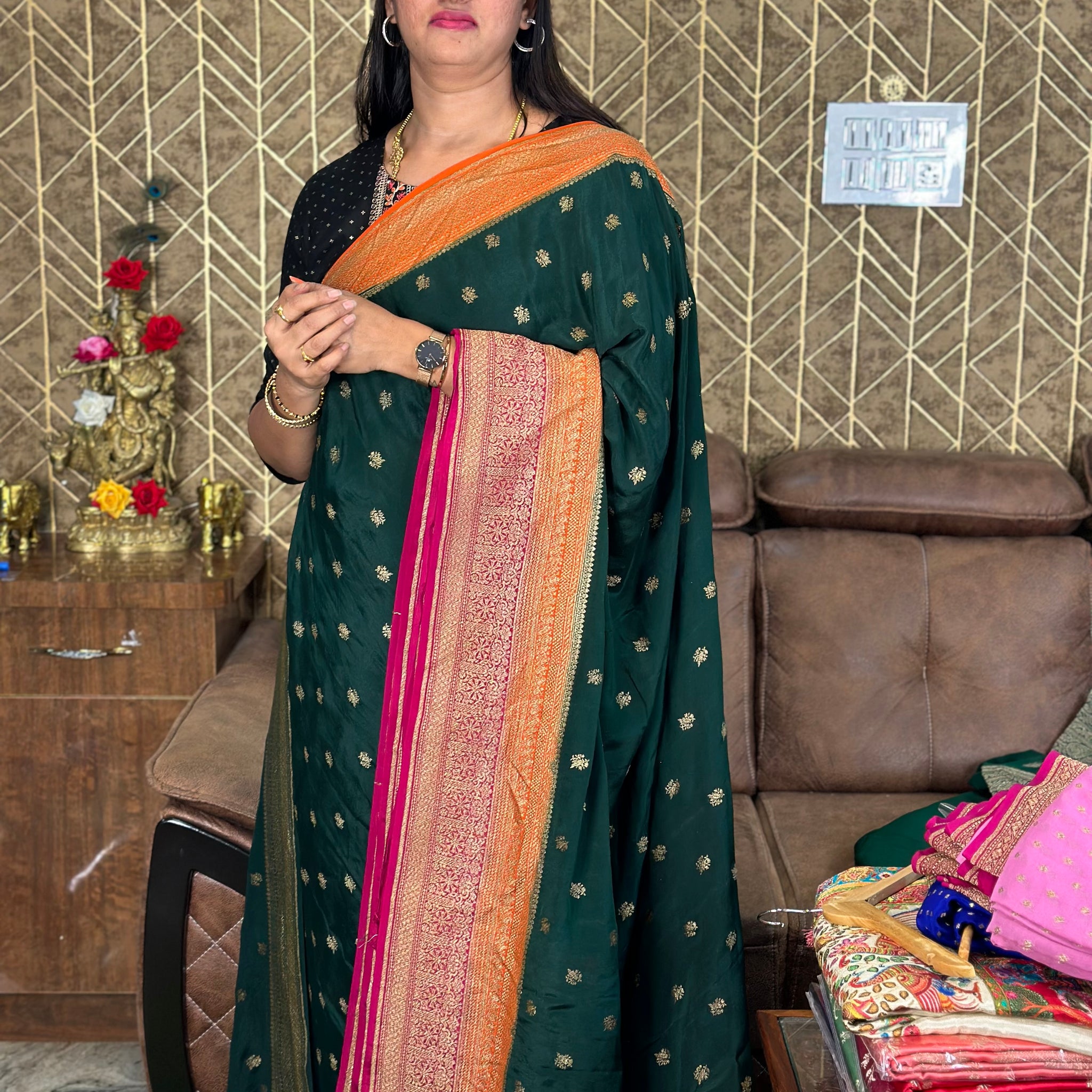 Green with orange and pink 3D pure crepe Banaras silk.