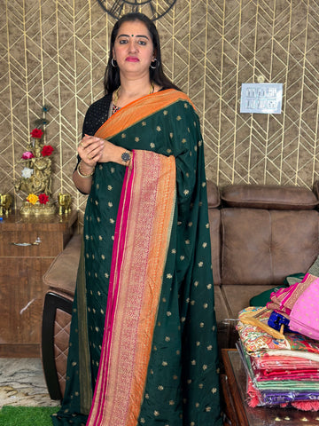 Green with orange and pink 3D pure crepe Banaras silk.