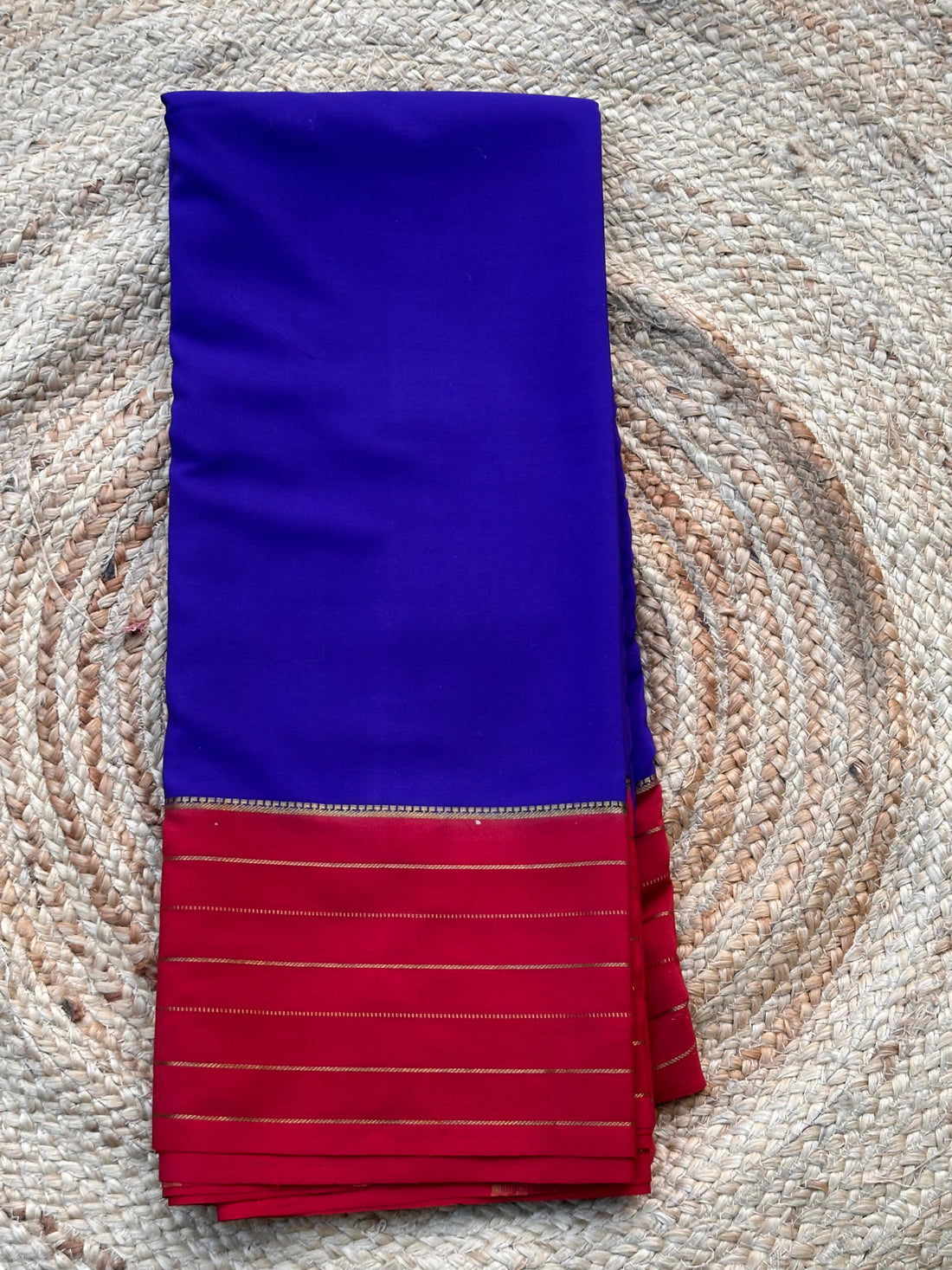 Deep blue and red pure crepe Mysore Silk 7 line border