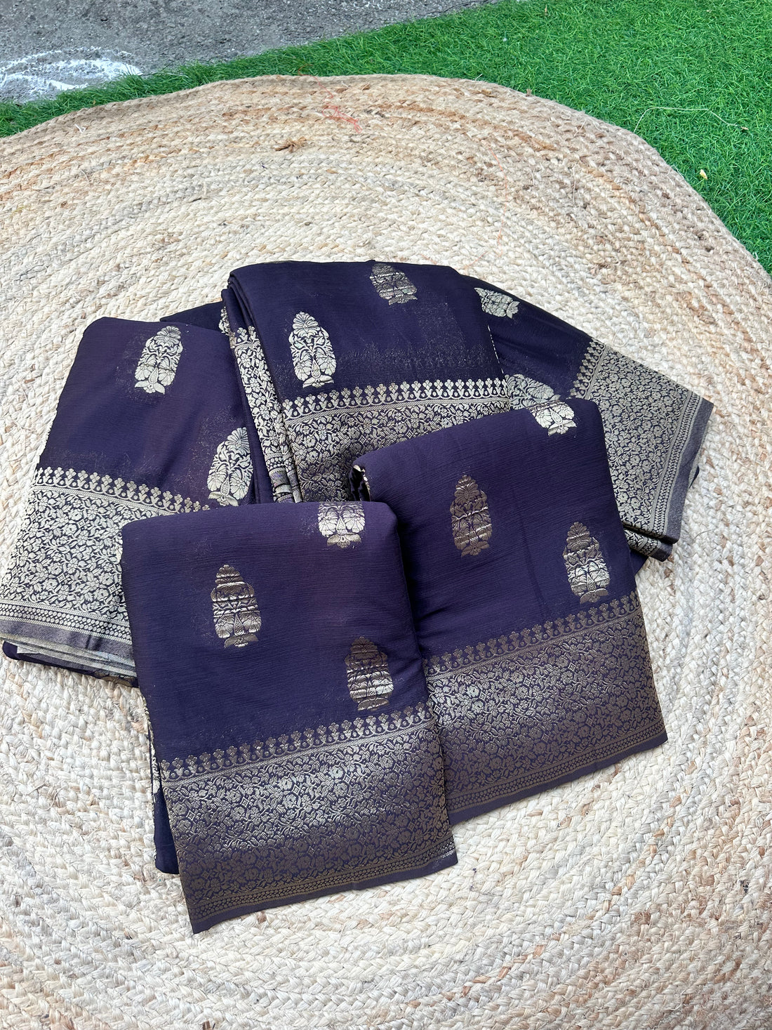 Dark coffee brown soft crepe big butta sarees