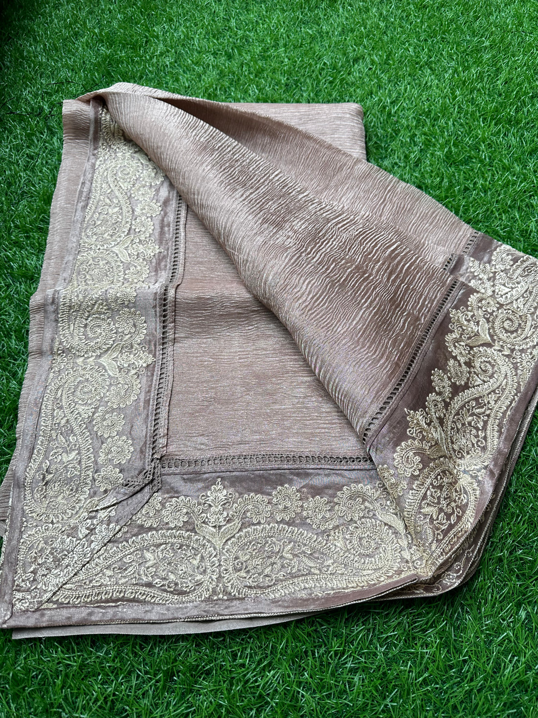 Pure tissue Banarasi sarees. Light pastel shades with embroidery borders.