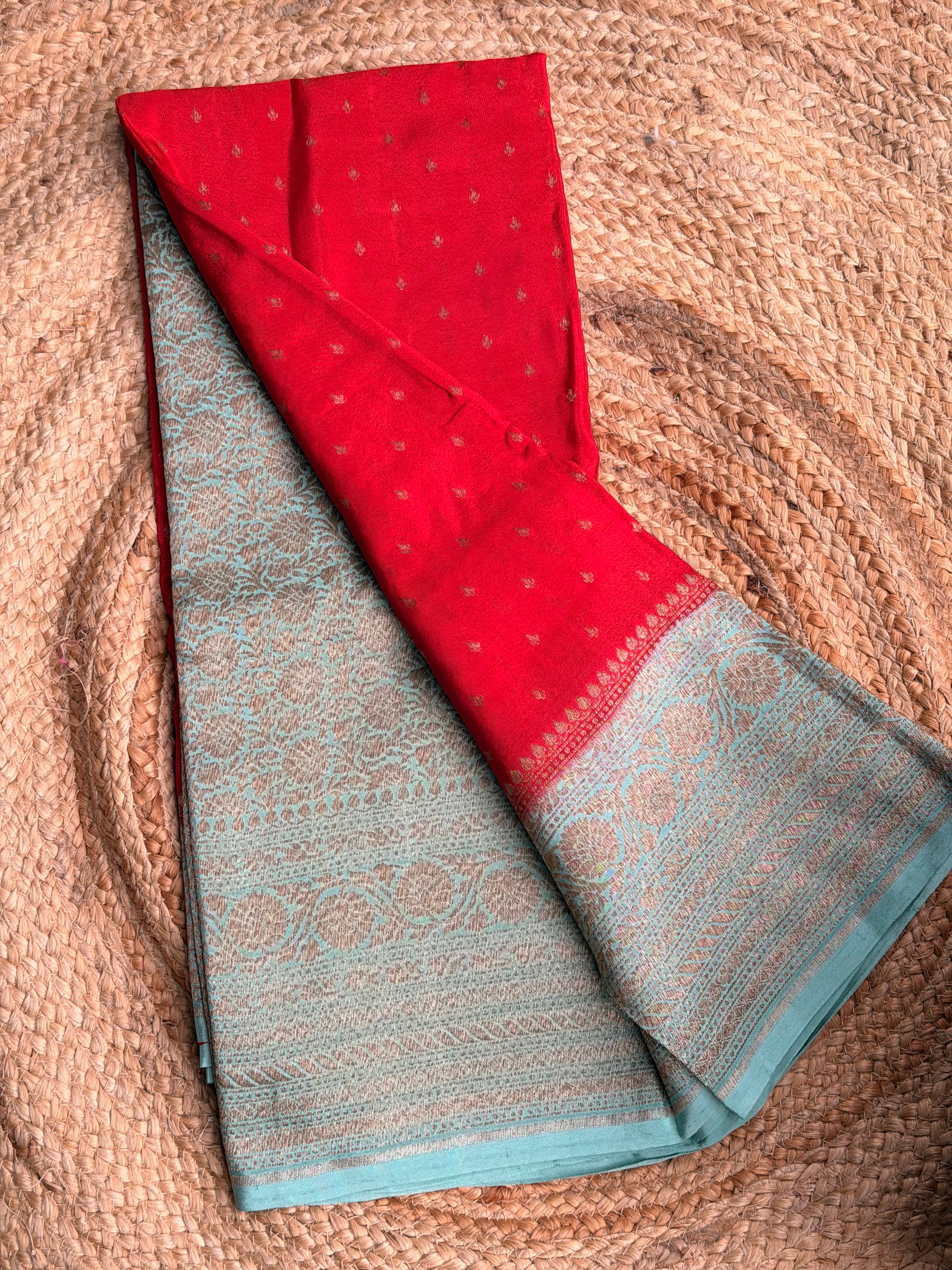 Red n sea green small butta benarasi crepe saree