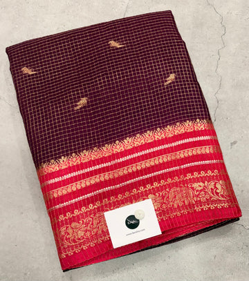 Purple contrast border checks Dola crepe saree