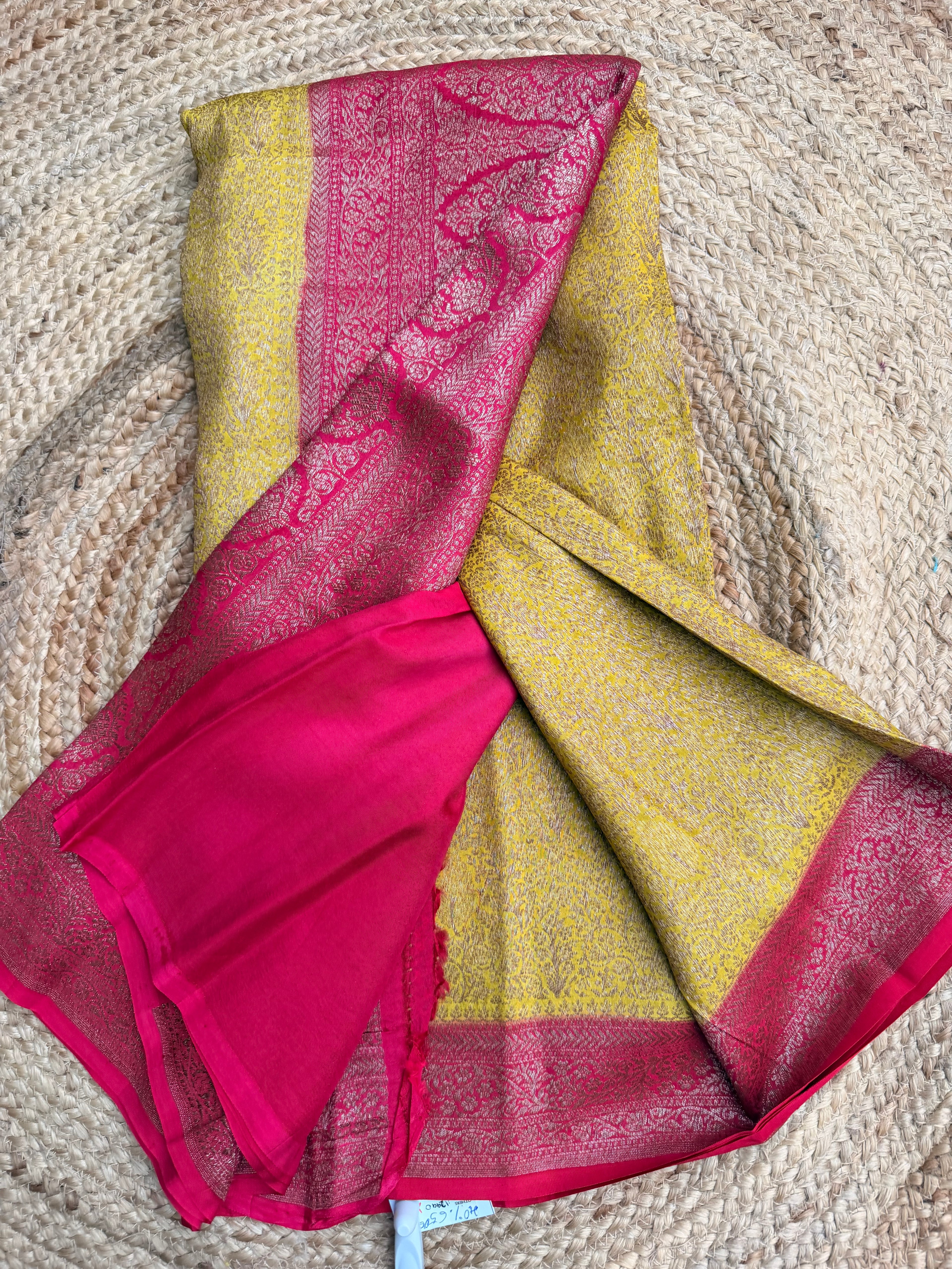 Yellow n pink semi Banarasi crepe saree