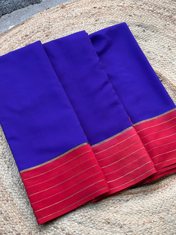 Deep blue and red pure crepe Mysore Silk 7 line border