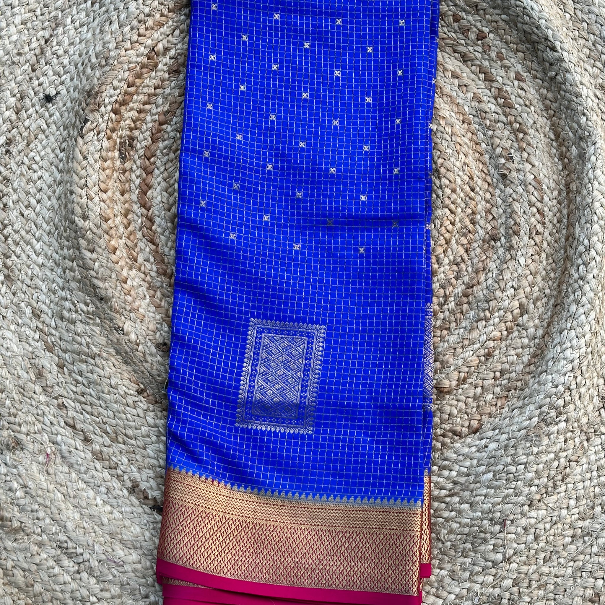 Royal blue with pink pure crepe Mysore Silk sarees 140 gsm