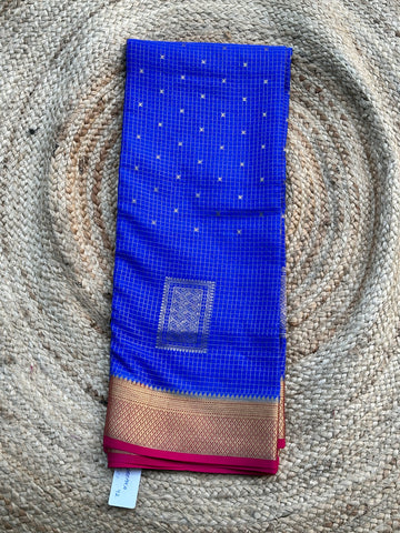 Royal blue with pink pure crepe Mysore Silk sarees 140 gsm