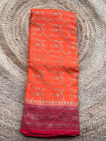 Orange and pink Banarasi Crepe Chiffon in Jaal Pattern