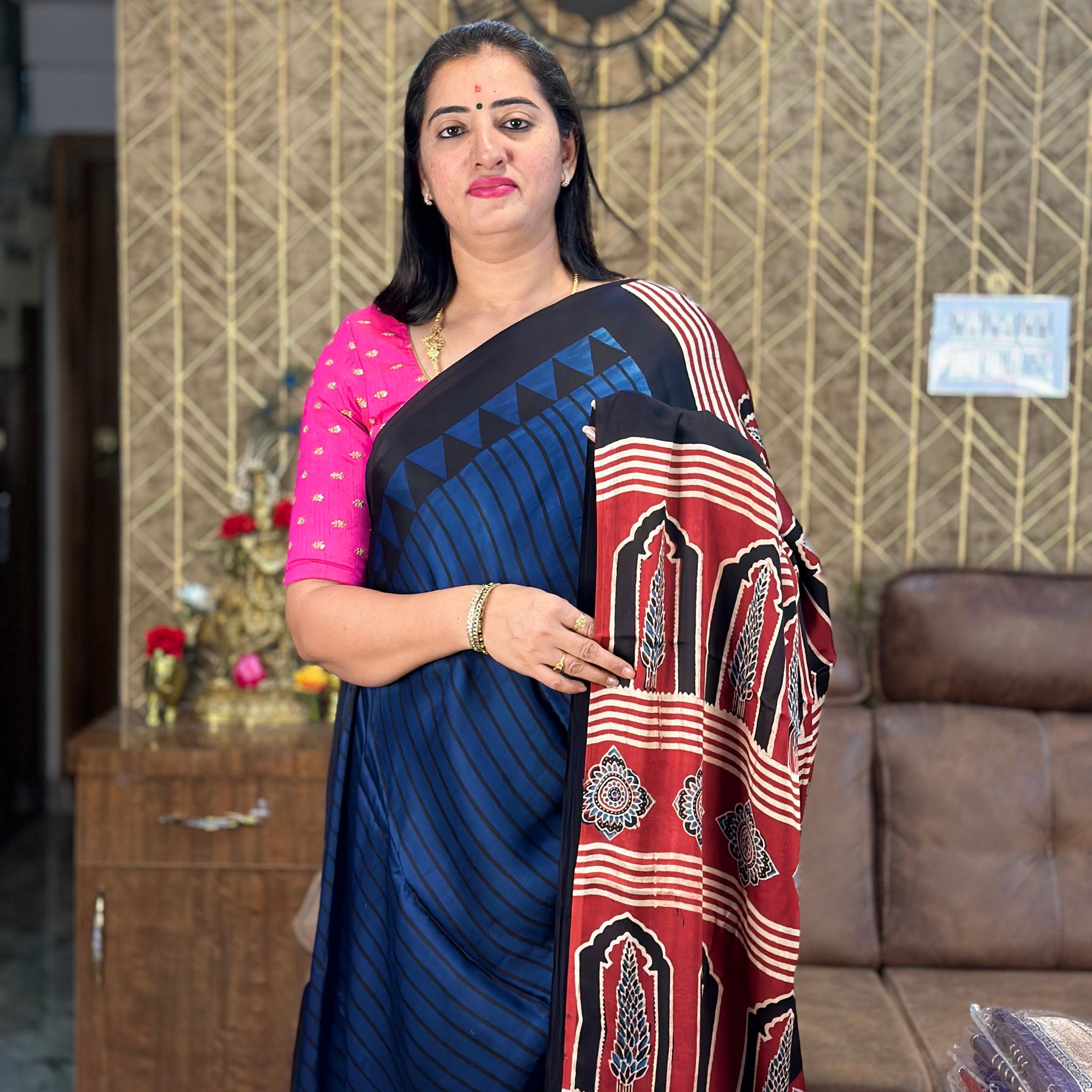 Blue with red pure modal silk saree.