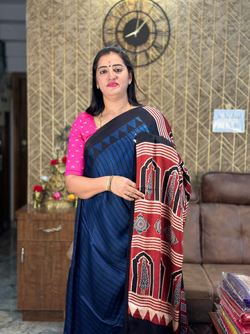 Blue with red pure modal silk saree.