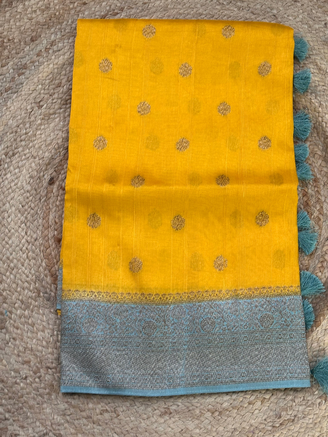 Mustard yellow with sea blue tusser silk saree