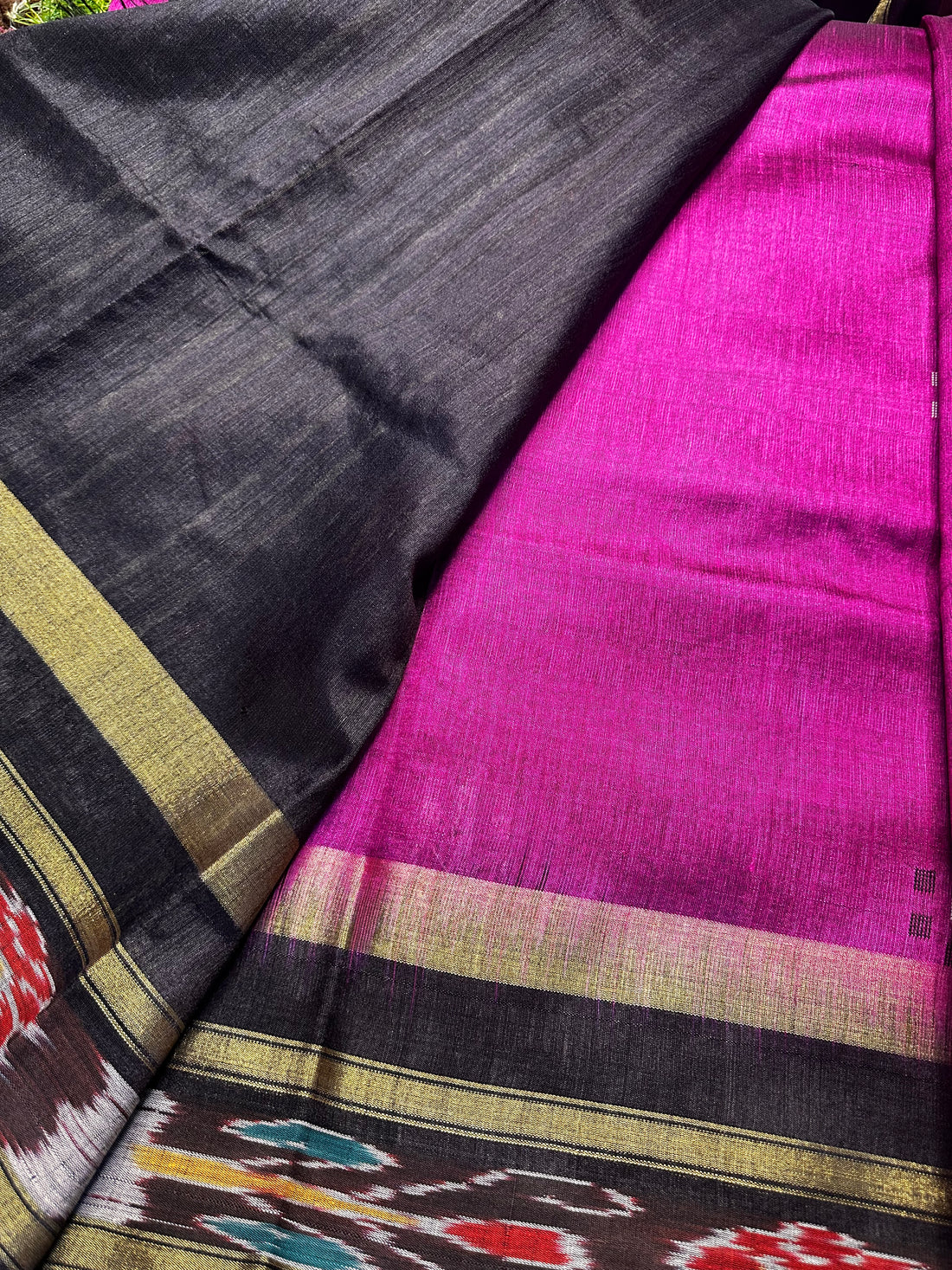 Raw silk,pink and black combination.