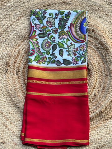Red Sea blue digital prints pure crepe Mysore Silk sarees 120 gsm