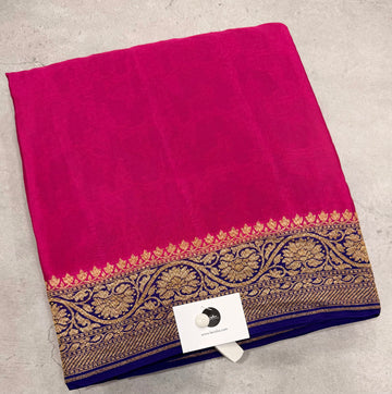 Rani pink n blue partly pallu pure benarasi crepe silk saree