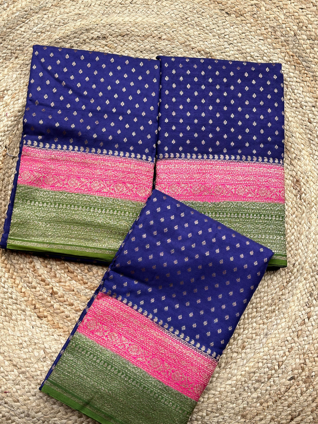 Purple pink and leaf green pure crepe chiffon 3D Banaras