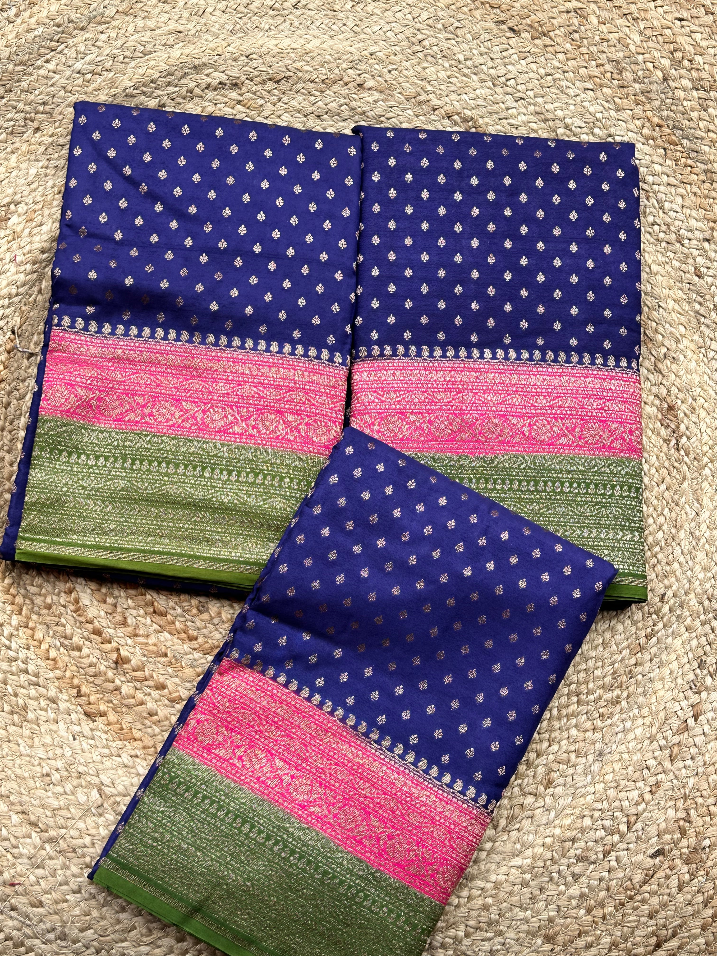 Purple pink and leaf green pure crepe chiffon 3D Banaras