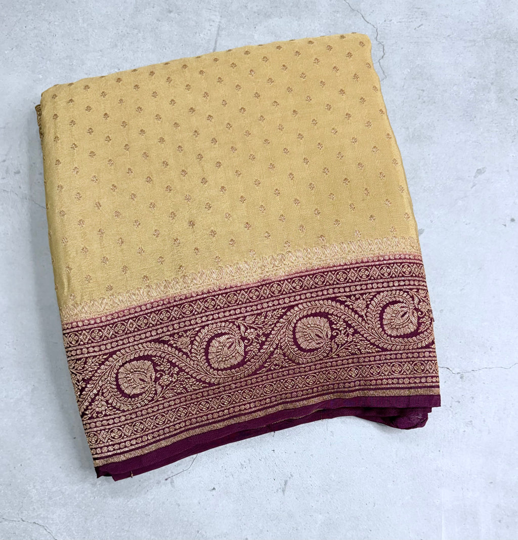 Cream n wine pure benarasi crepe silk saree