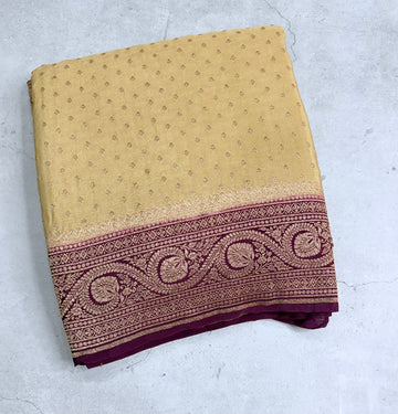 Cream n wine pure benarasi crepe silk saree