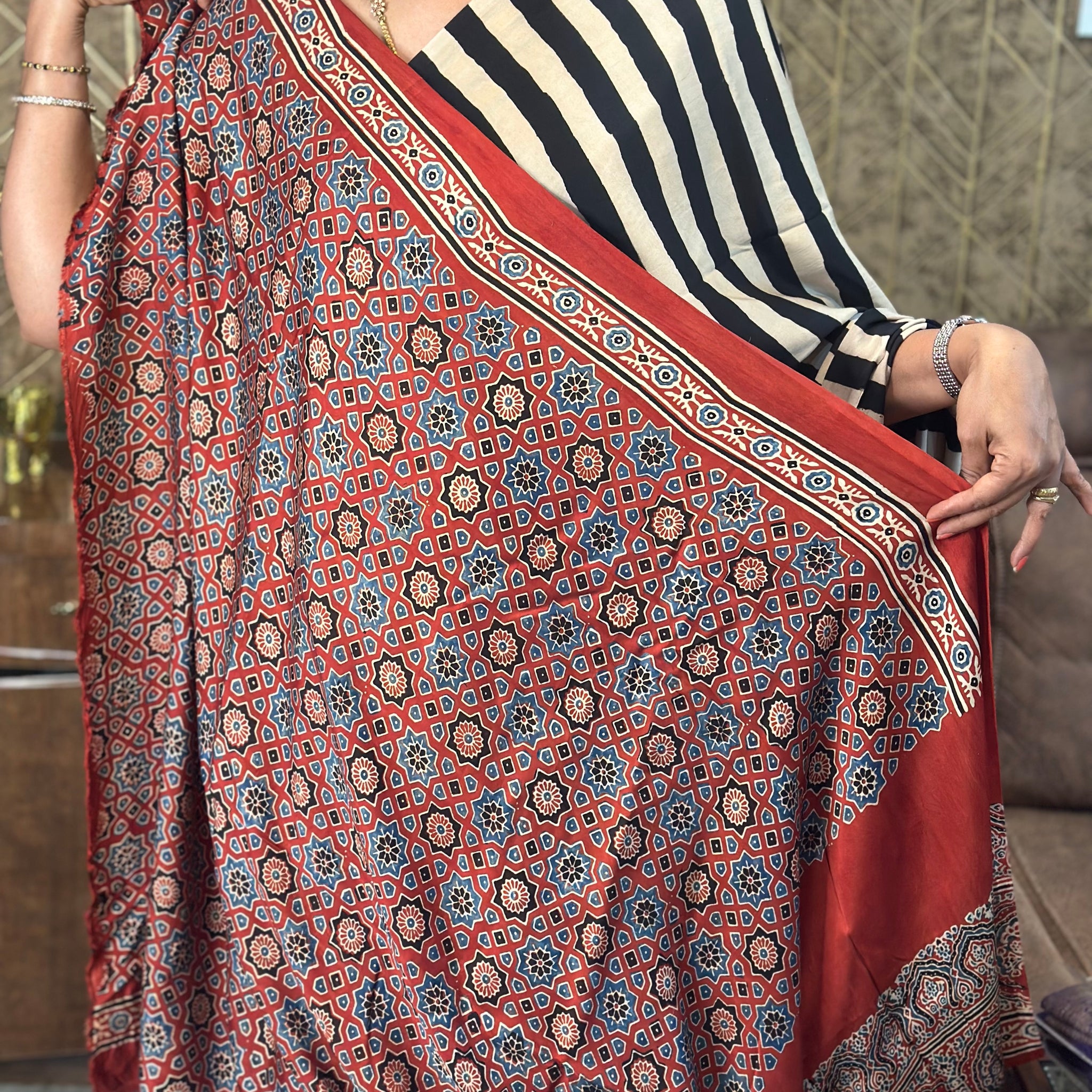 Pure modal silk. With vertical stripes Ajrak blouse.