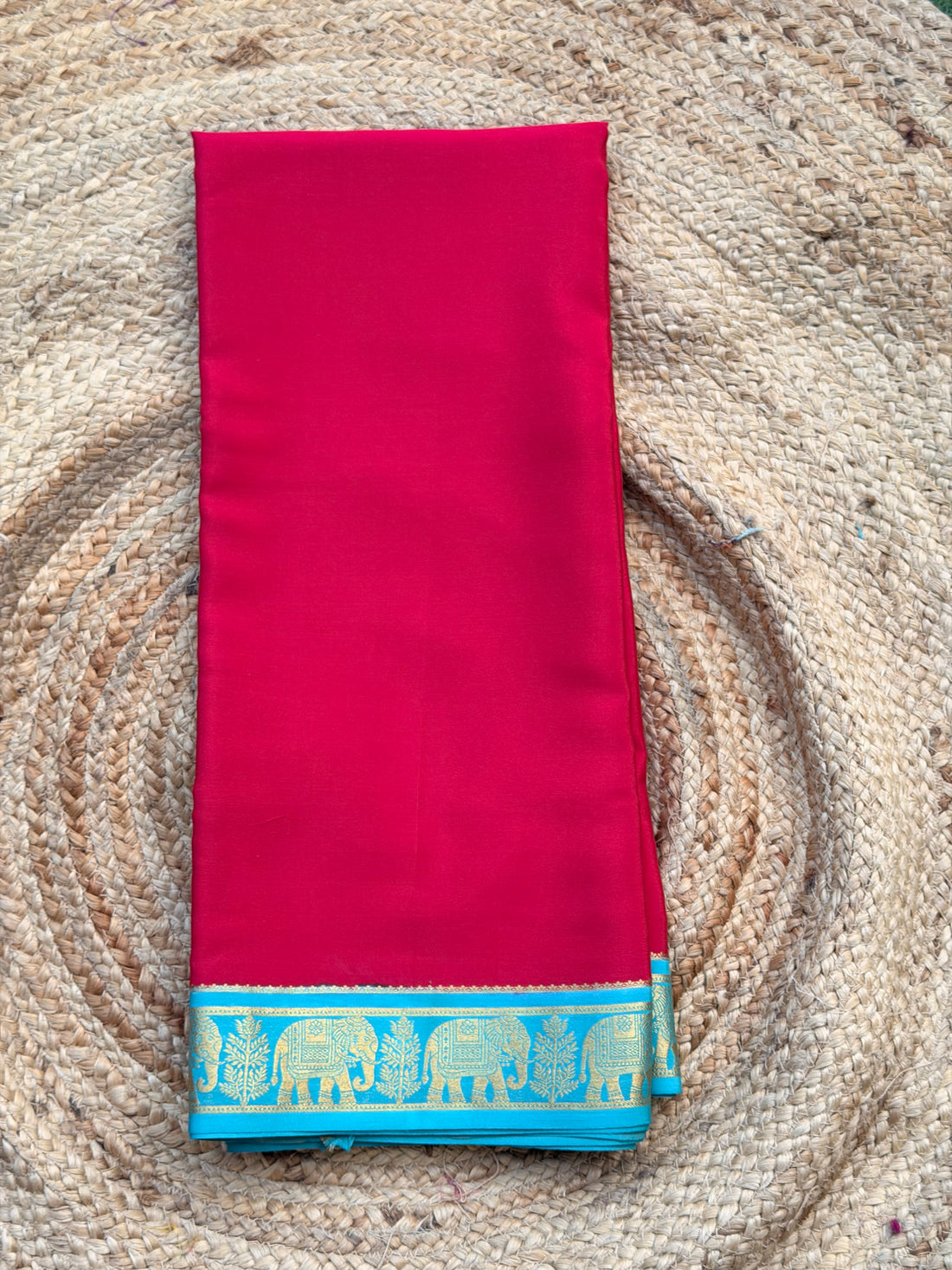 Pink and sky blue elephant border crepe Mysore silk 120 gsm