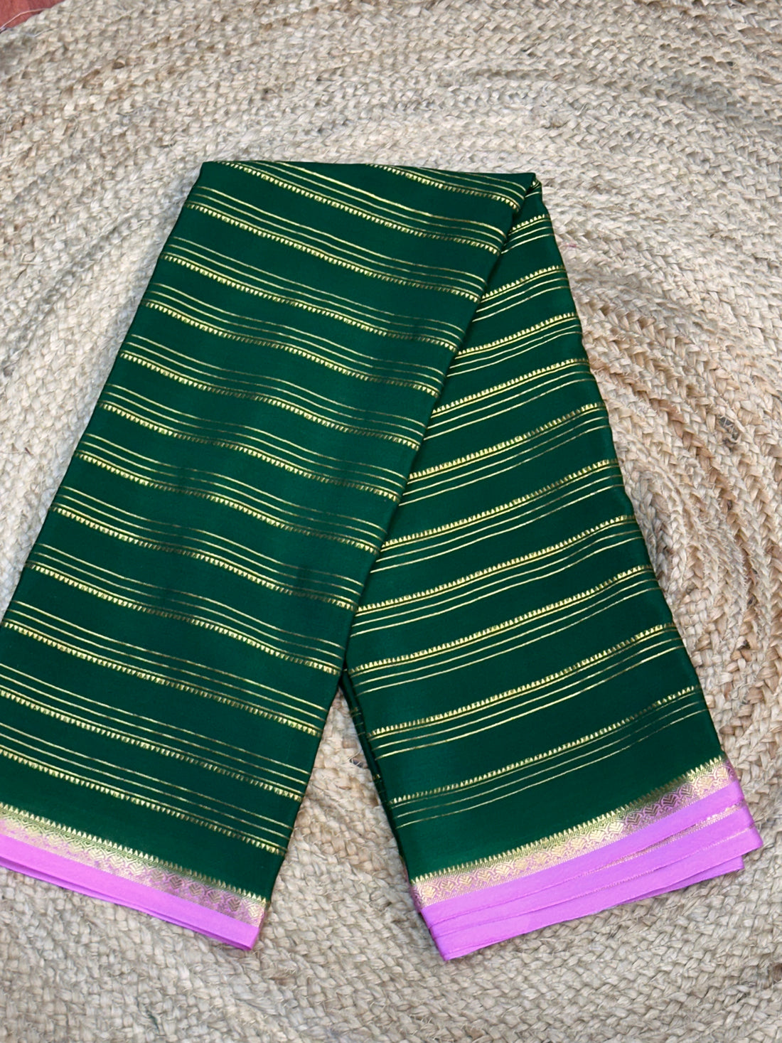 Green and pink pure Mysore silk crepe with small contrast border