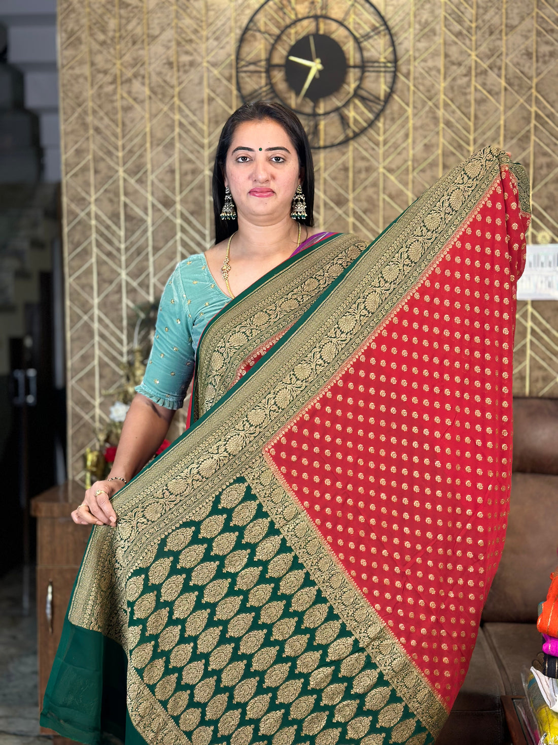 Red with green pure khaddi Georgette sarees.
