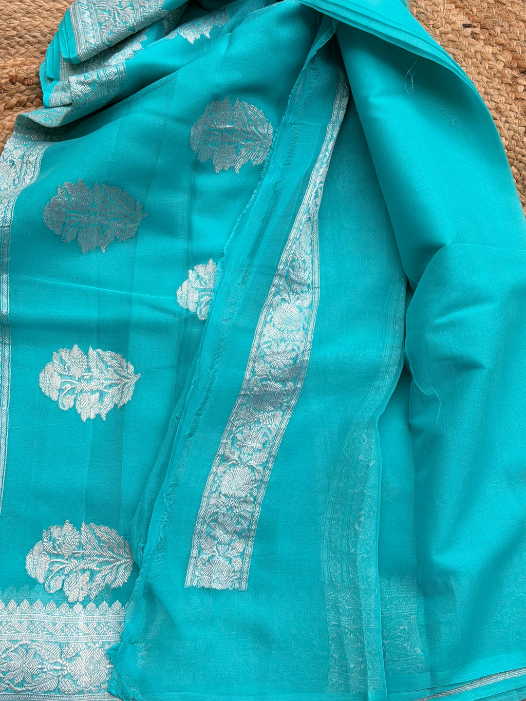 Sky blue Banarasi pure khadi chiffon saree sliver zari woven