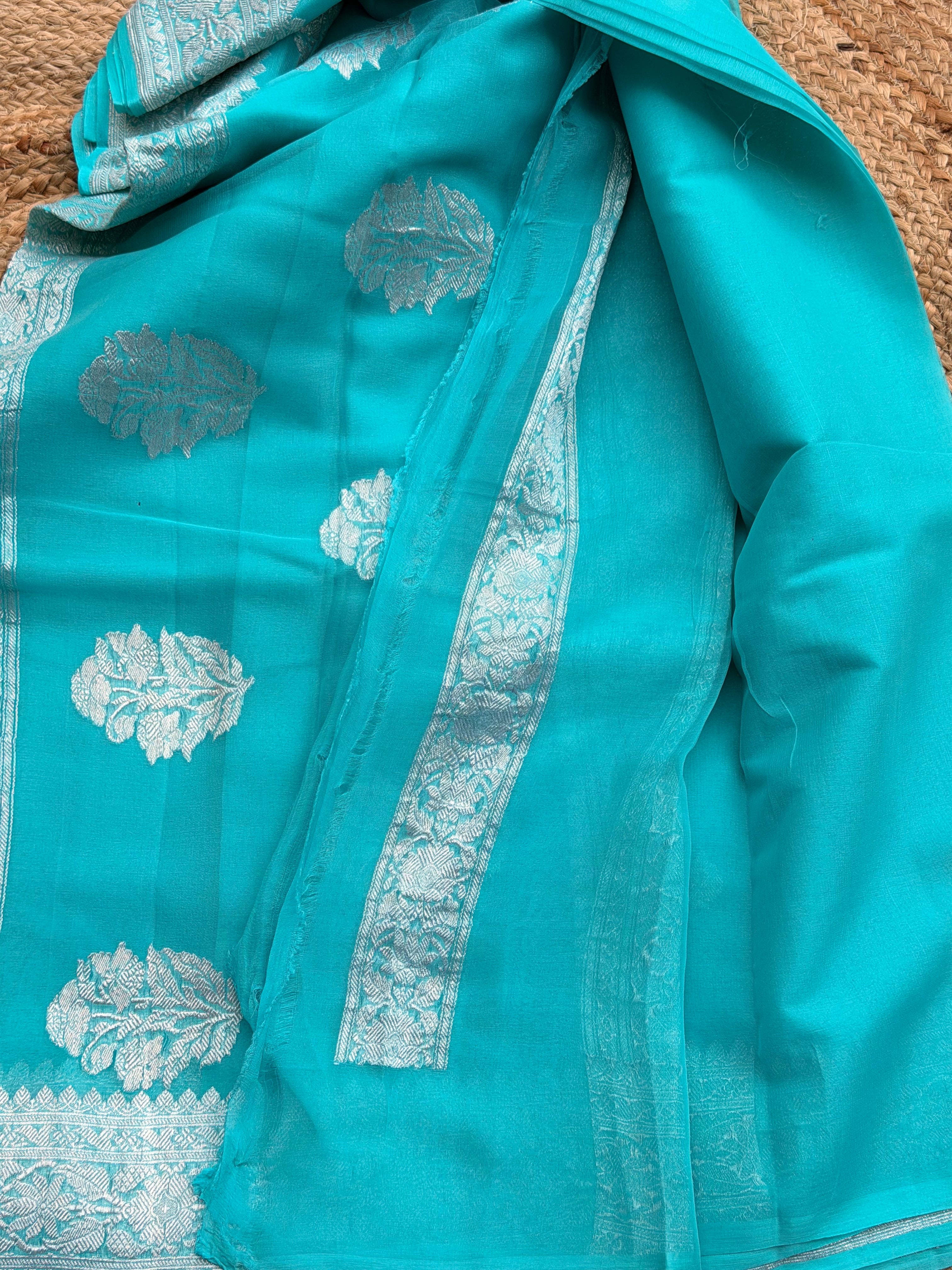 Sky blue Banarasi pure khadi chiffon saree sliver zari woven
