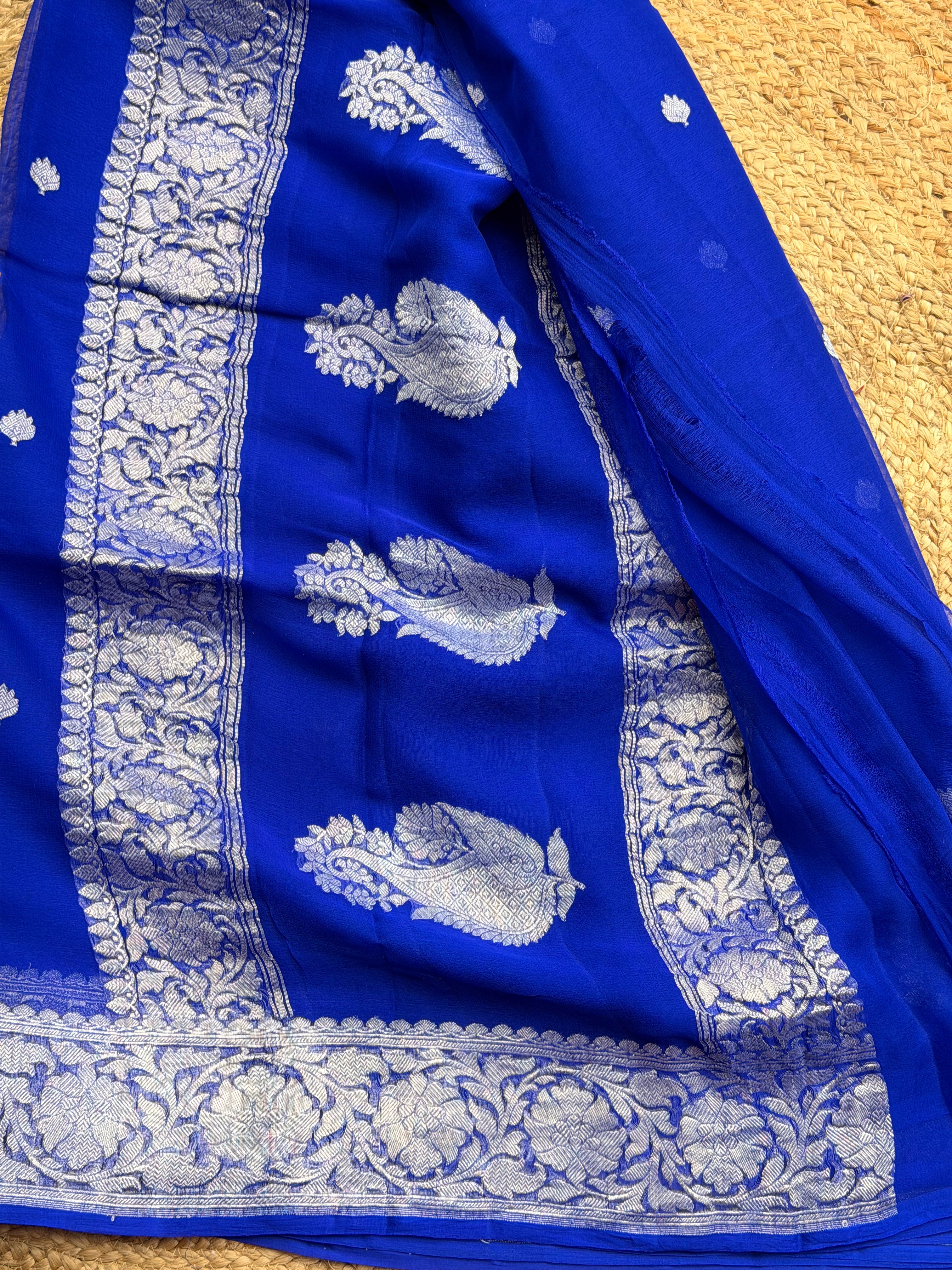 Royal blue Banarasi pure khadi chiffon saree sliver zari woven