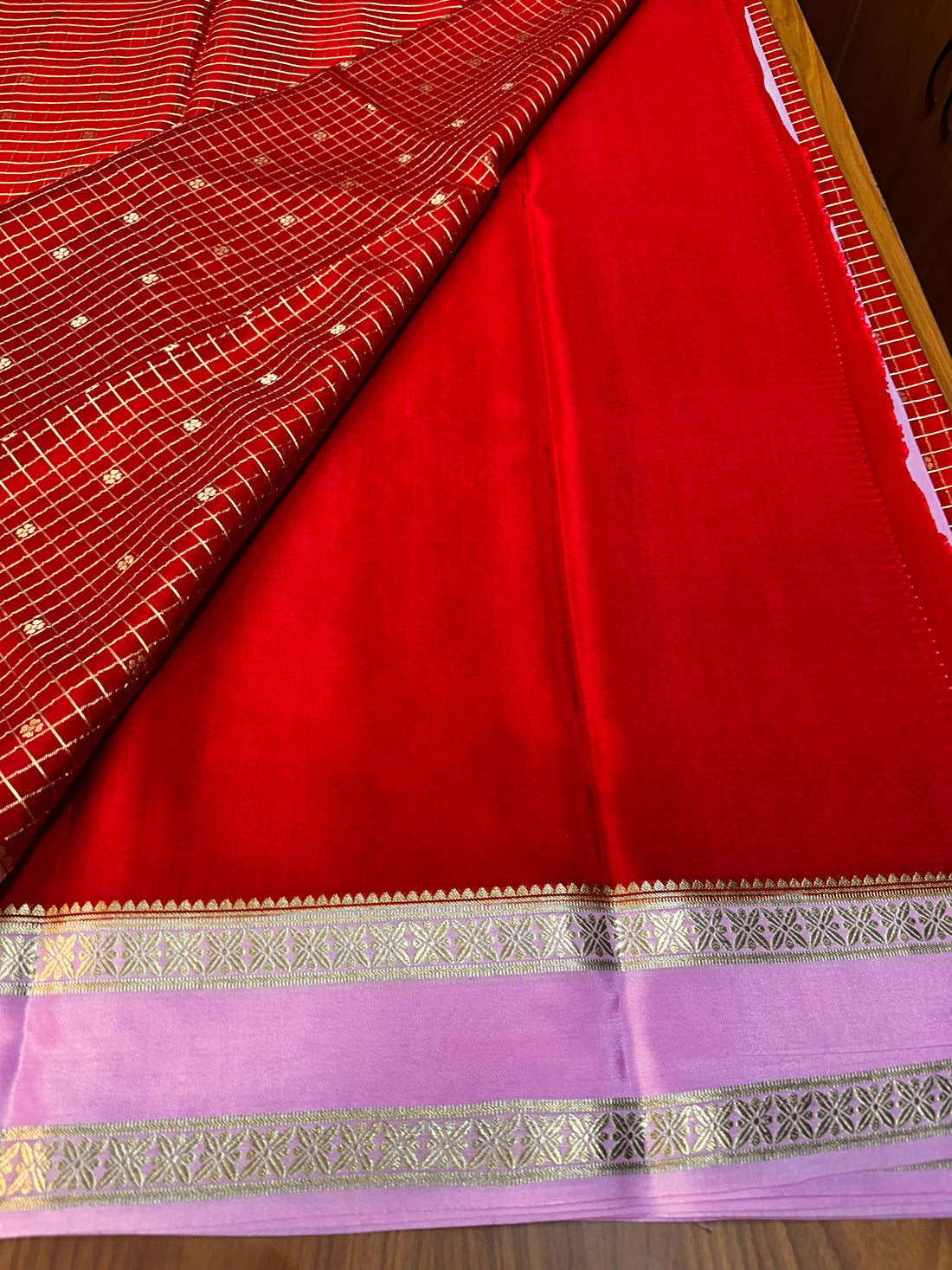 Red and pink pure crepe Mysore Silk checks pattern 120 gsm