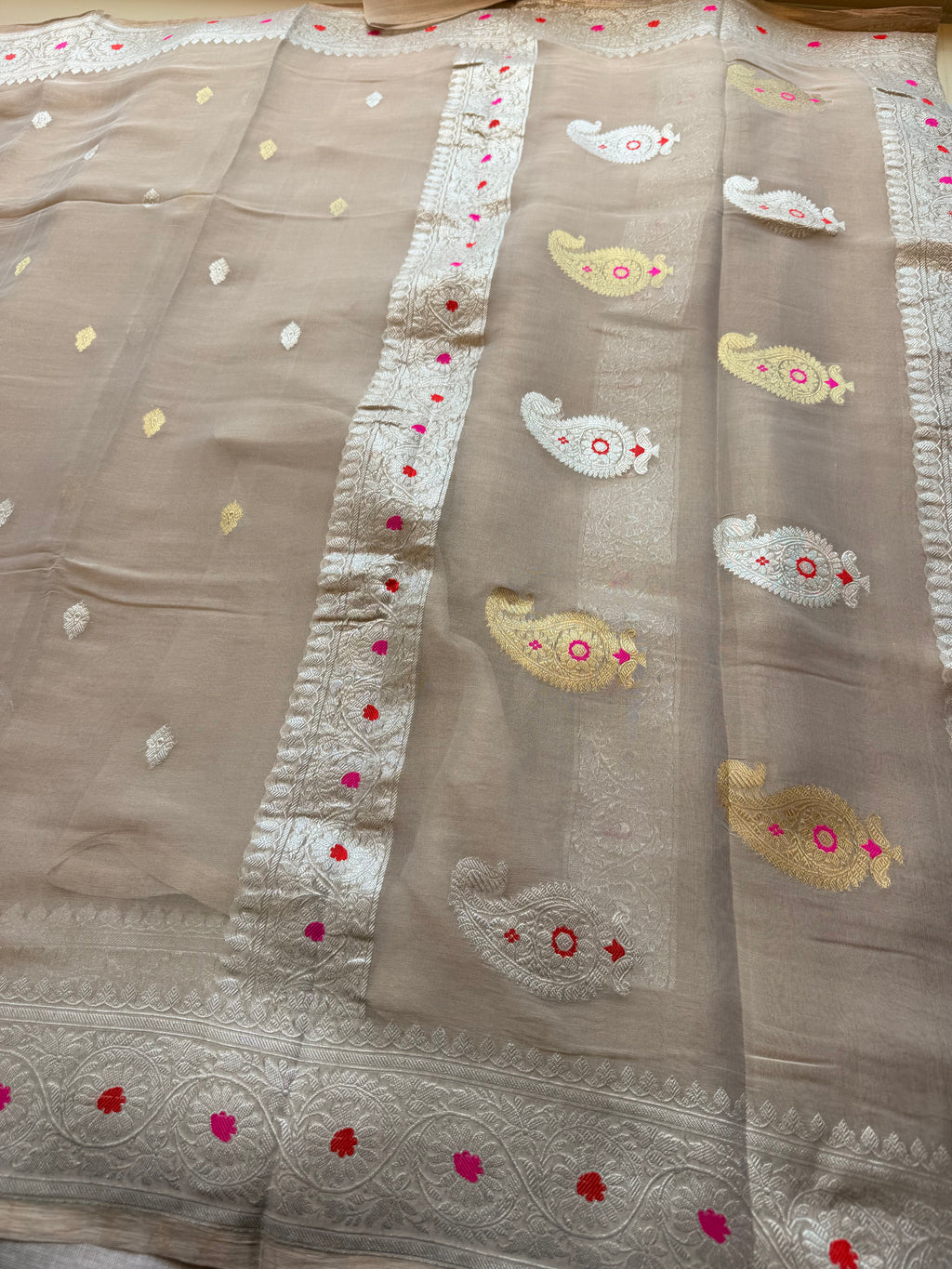 Cream tissue Banarasi pure khadi chiffon saree sliver zari saree