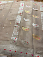 Cream tissue Banarasi pure khadi chiffon saree sliver zari saree