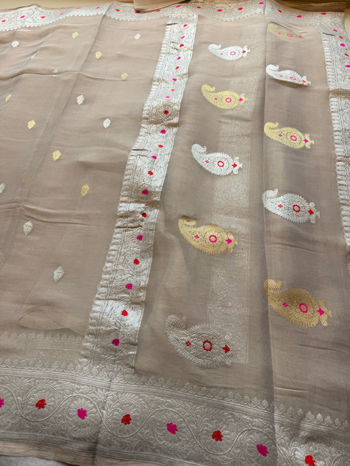 Cream tissue Banarasi pure khadi chiffon saree sliver zari saree