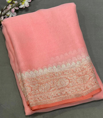 Peach Pure khaddi chiffon sarees.